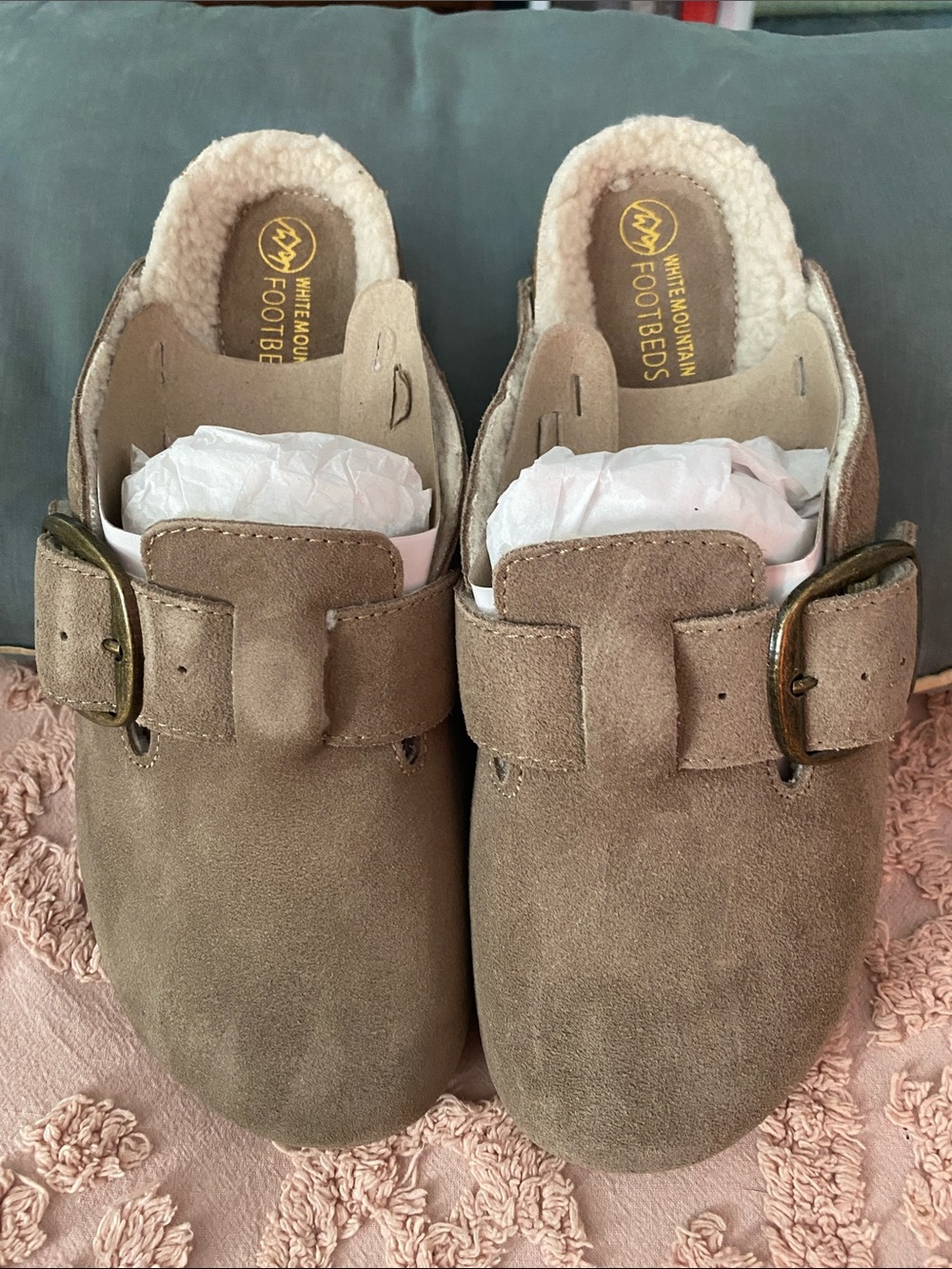 White Mountain Taupe Suede Slip-On Clogs with Buckle